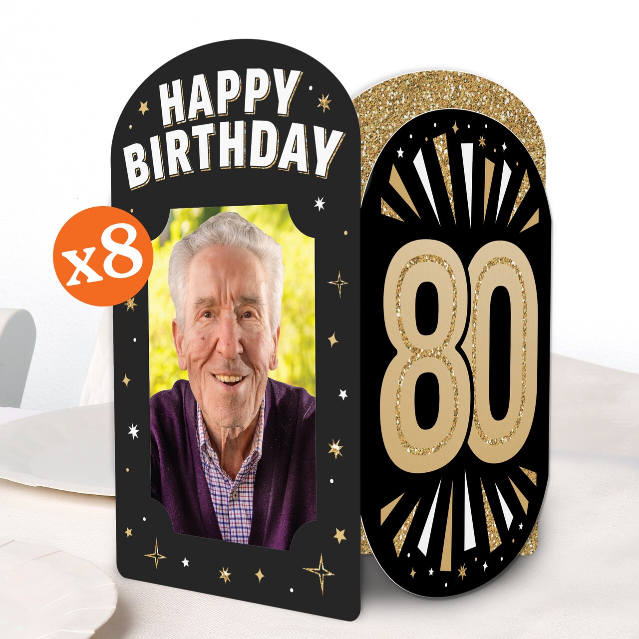 Big Dot of Happiness 80th Birthday Photo Holder Centerpieces, 4x6 Picture Display Box, Black & Gold Table Decoration for Adult Birthday Decor, 8 Count